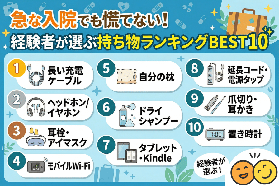 【自主調査】急な入院でも慌てない！経験者が選ぶ持ち物ランキングBEST10
