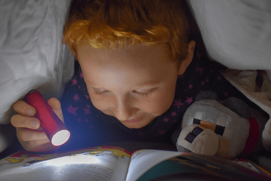 懐中電灯を持って読む子供